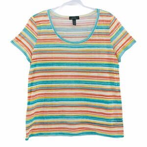 Lauren Ralph Lauren XL Striped Orange Blue Burnout Tee Scoop Neck Sheer Shirt